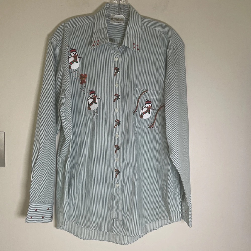 Vintage Christmas Top Long Sleeve Button Down Shirt  Women’s green embroidered M